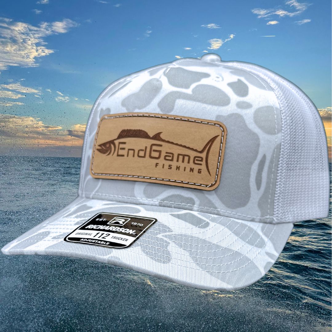 EndGame Fishing Leather Patch Hat in Blizzard Camo