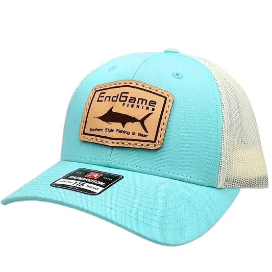 EGF Marlin Emblem Leather Patch Hat in Aruba Blue & Birch-Low Profile