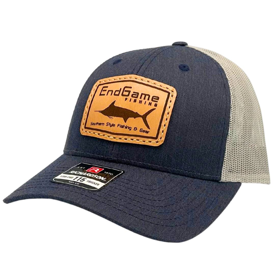 EGF Marlin Emblem Leather Patch Hat in Heather Navy & Light Gray-Low Profile