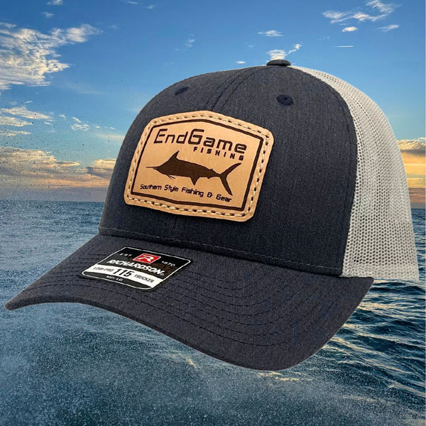 EGF Marlin Emblem Leather Patch Hat in Heather Navy & Light Gray-Low Profile